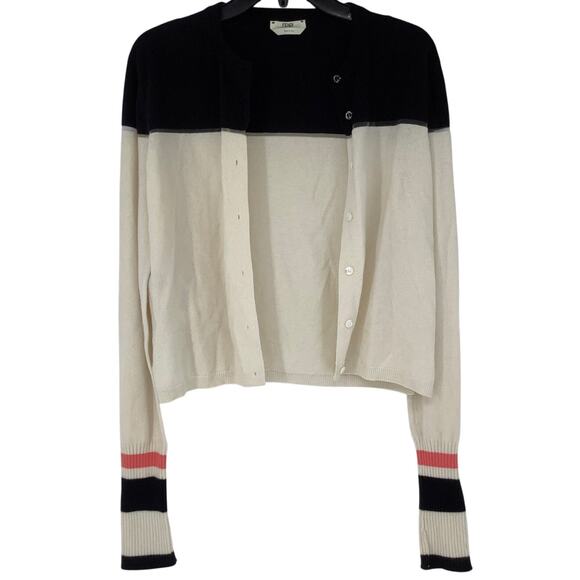 Fendi Women's 4 Ivory Black Cashmere Blend Button Up Crop Cardigan Italy K21-6 - Picture 1 of 7